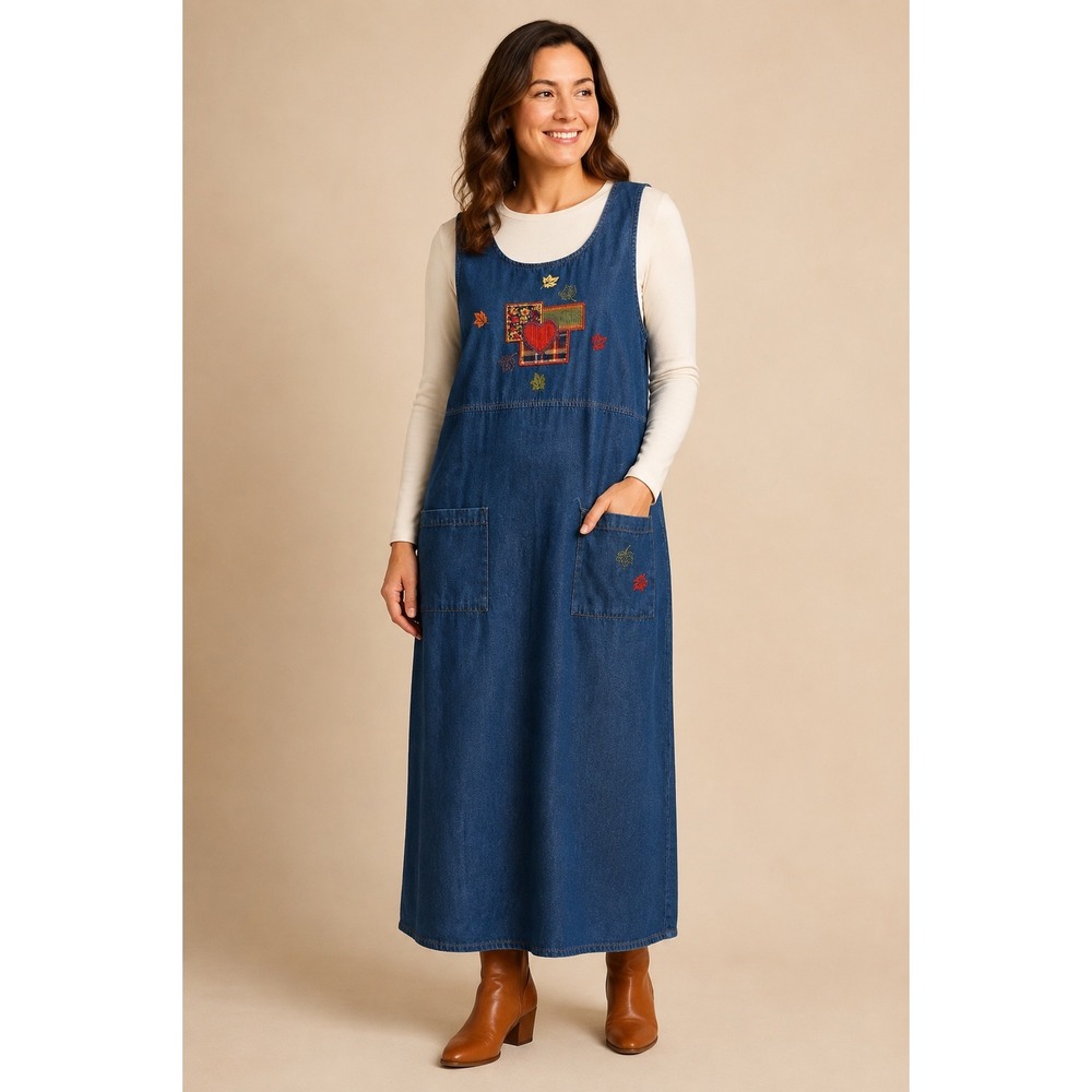 Vintage Bobbie Brooks Denim Jumper Dress L 12/14 Fall Leaves Patchwork 90s